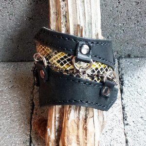 Black & Snakeskin Print Leather Cuff Bracelet